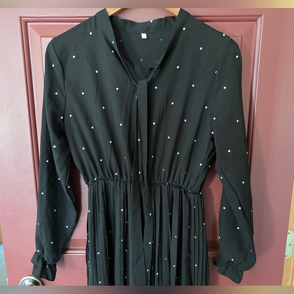 Long sleeve black midi dress with polka dots